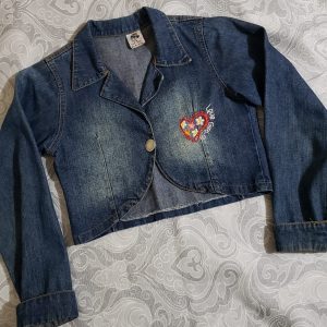 COD: 10193L – Jaqueta cropped, jeans infantil, Turminha da Mantto, em algodão, tamanho 12, usada