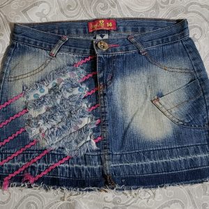 COD: 10194B – Saia jeans,  Bing Ling, em algodão,  bolsos bordados atrás, tamanho 14 INFANTIL
