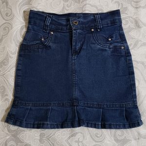 COD: 10197D – Saia jeans, Sansay Kids,  algodão com elastano, bolsos bordados atrás, tamanho 12, usada